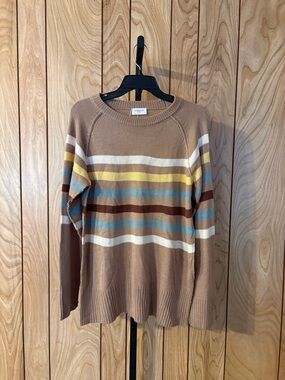 Anniewear Striped Sweater Size Small Tan Blue Yellow Longline Knit Boutique